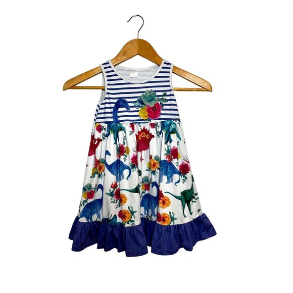 Penelope Plumm Other - Penelope Plumm Girls Dinosaur Dress Size 4 | Floral Dino Striped Ruffle Hem Sund